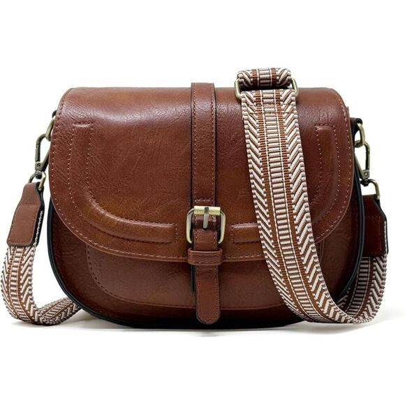 UNBRAND Handbags - Women Brown Guitar Strap Imported Vegan Leather Small Saddle Cross Body Handbag